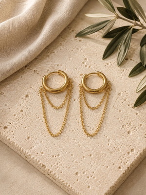 Chain earrings with double gold hoops stainless steel new