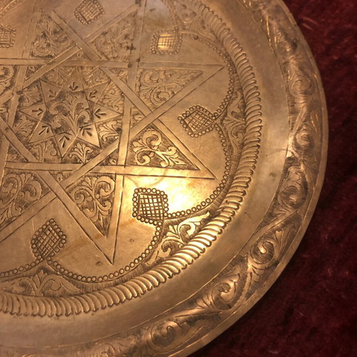Vintage brass Moroccan tray 35cm used, handmade engraving