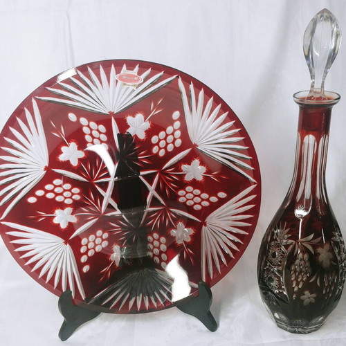 Nachtmann decanter and Joska Traube Bleikristall ruby red plate set like new