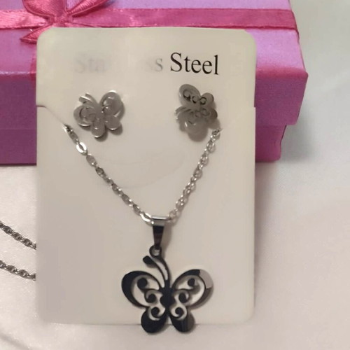 Minimal butterfly necklace and earrings set in stainless steel new silver