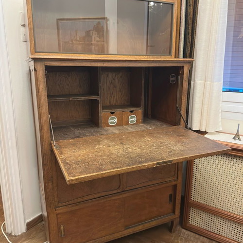 Vintage wooden Secretaire desk used with display cabinet