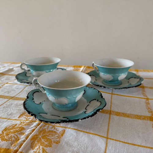 Hutschenreuther Bavaria porcelain cups set of 3 blue with saucers like new