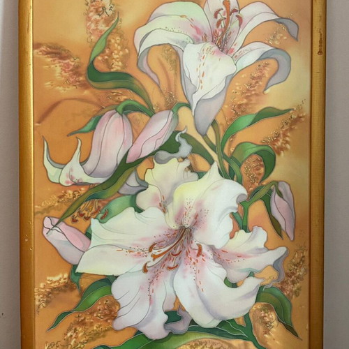 Painting "Lilies" on Silk Batik by O.A. Martyanova 2005 like new
