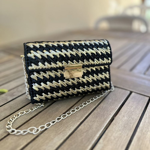 Handmade shoulder bag crossbody with black and gold Missoni-style pattern