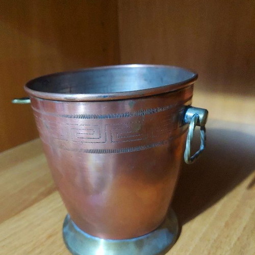 Copper ice bucket used, retro antique with engraved meander