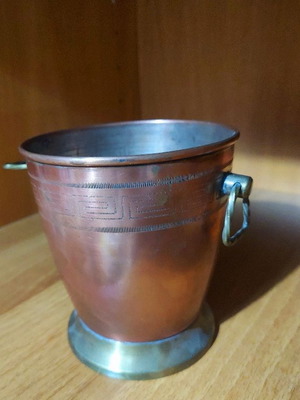 Copper ice bucket used, retro antique with engraved meander
