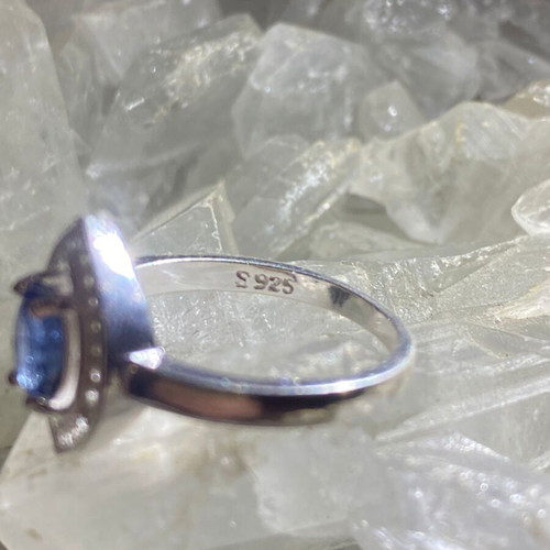 Handmade silver ring with natural blue sapphire and moissanites, size 10
