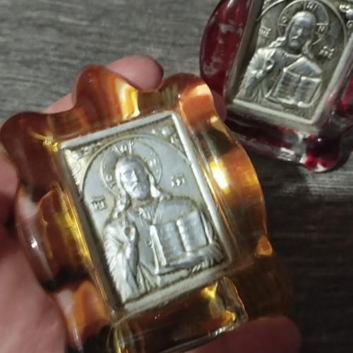 Glass religious icons used, set of two with Christ