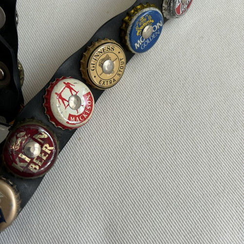 Vintage belt with beer caps used, black, size 70-75 cm