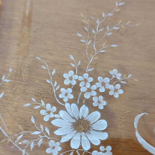 Glass serving platter used with gold handles and painted flowers