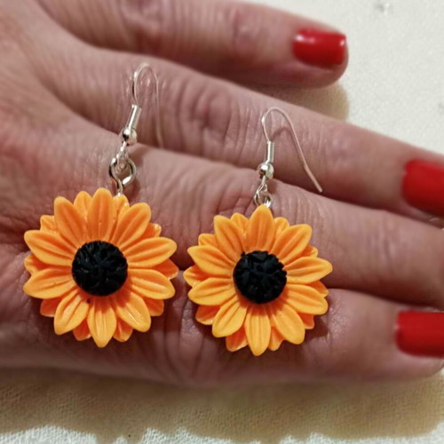Sunflower Earrings new, acrylic resin, yellow and brown
