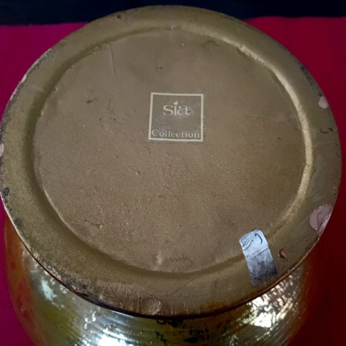 Large round decorative vase used, gold-bronze with gray lines