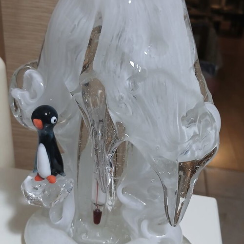 Jaroslav Brychta Glass Thermometer with Penguin, ŽBS Czechoslovakia 1950s
