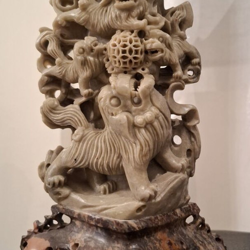 Vintage Chinese Handmade Soapstone Sculpture with Pierced Carving