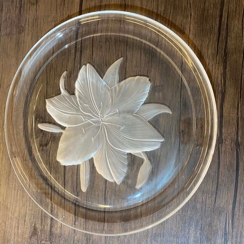 Large Glass Serving Platter with Embossed Flower, Like New, 32cm