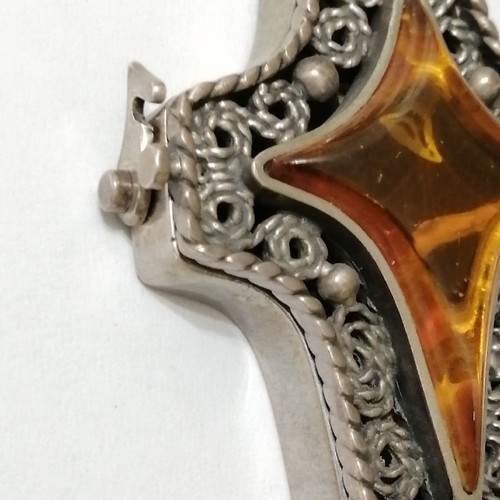 Vintage filigree opening cross from 925 silver, amber and ebony new