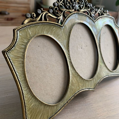 Vintage brass photo frame like new with crystals for three photos