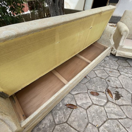 Sofa bed used with storage, two armchairs and two office chairs