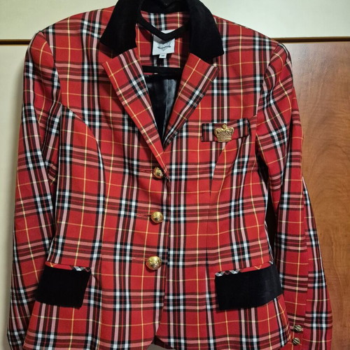 Manolo red plaid jacket with black velvet collar and pockets