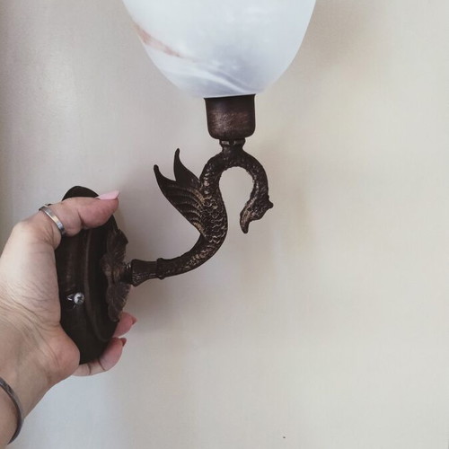 Collectible Antique Wall Sconce Solid Bronze with Alabaster Opaline Glass