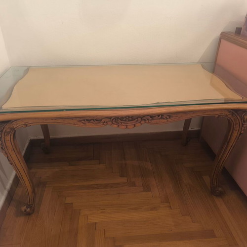 Carved Wooden Rectangular Coffee Table like new with glass top