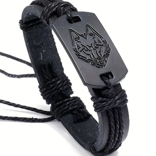 Wolf Head Leather Bracelet modern new black