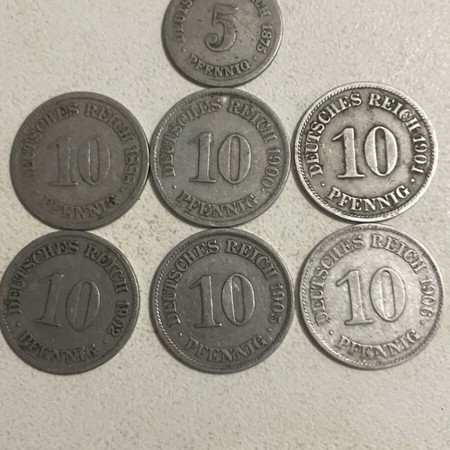 Lot of 7 German coins used from 1875 to 1906