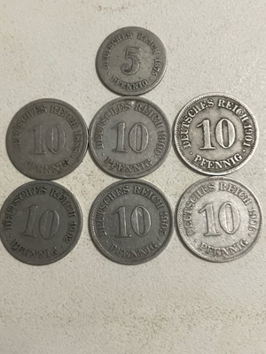 Lot of 7 German coins used from 1875 to 1906