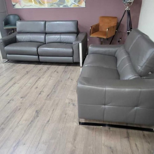 Gray Leather Sofa Set Three-Seater and Two-Seater Torres New