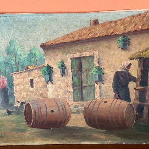 Painting used, signed, preparing barrels for wine storage