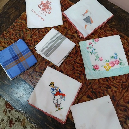 Collection of used handkerchiefs with folklore motifs, 7 pieces