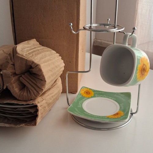 ITEM International coffee cup set with metal stand, 6 cups and saucers