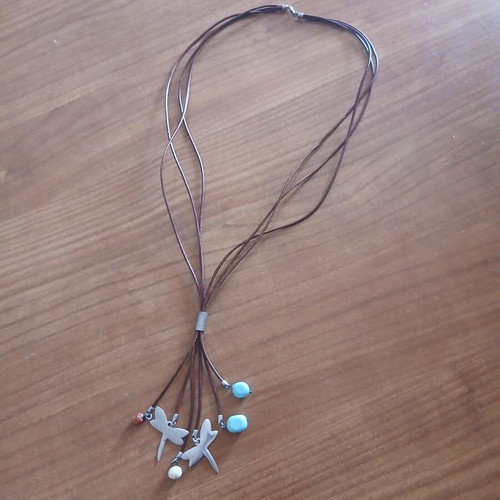 Handmade silver and leather necklace like new with turquoise beads
