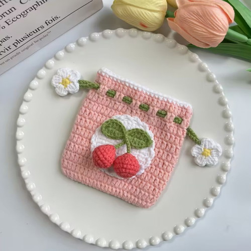 Crochet pouch handmade with cherries and flowers new