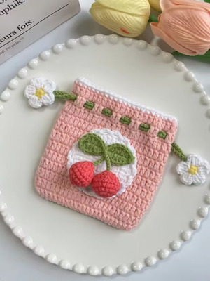 Crochet pouch handmade with cherries and flowers new