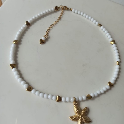 Summer handmade necklace with gold-plated starfish and hearts