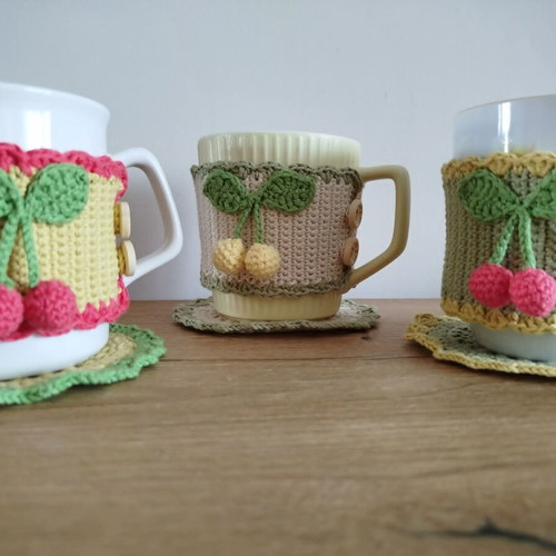 Handmade mug set with cotton yarn cozy and coaster