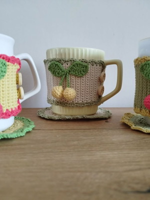 Handmade mug set with cotton yarn cozy and coaster