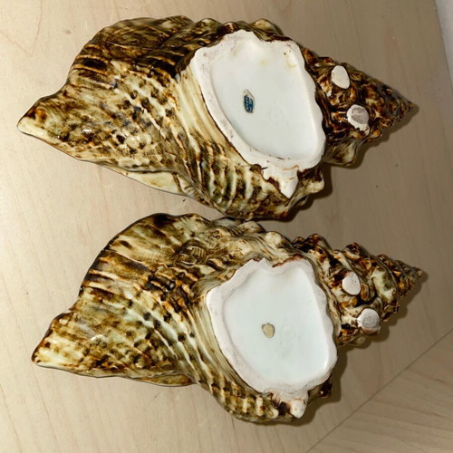 Japanese Ceramic Shells vintage pair with iridescent glaze