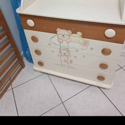 Cot bed with mattress and cherry wood drawers like new