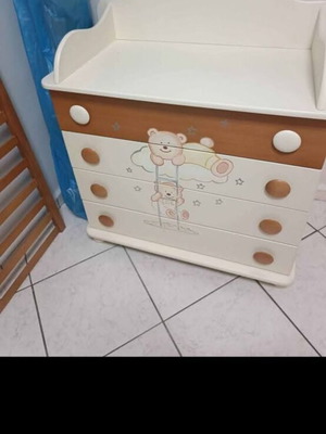 Cot bed with mattress and cherry wood drawers like new