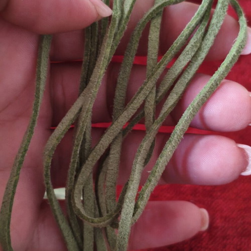 Asymmetric long necklace with green suede cord, crystal & CC motif used