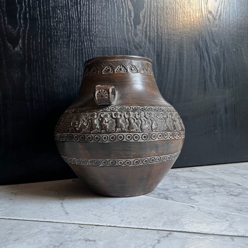 Decorative clay vase with embossed design, 20 cm, Greek made