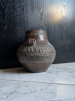 Decorative clay vase with embossed design, 20 cm, Greek made