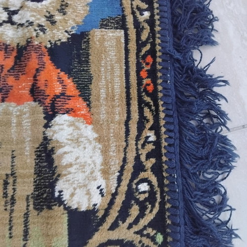 Vintage tapestry rug 'Kittens on the Fence' velvet wall hanging