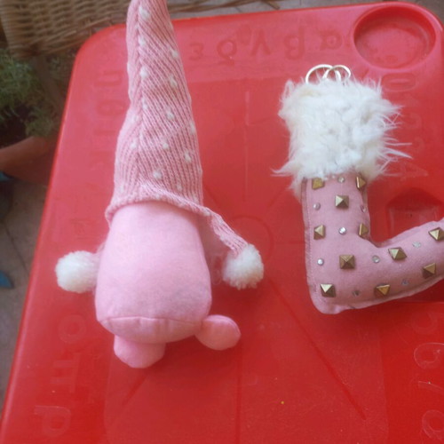 Large pink boot keychain with studs and Scandinavian decorative gnome