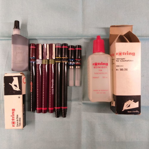 Rotring isographs and rapidographs used, pack of 8 with ink and lubricant