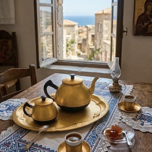 Upcycled σετ τσαγιού μεταχειρισμένο με ανάγλυφα σχέδια και μαύρη λαβή
