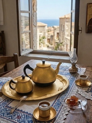 Upcycled σετ τσαγιού μεταχειρισμένο με ανάγλυφα σχέδια και μαύρη λαβή
