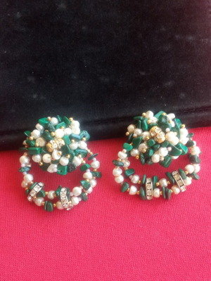 Vintage hoop earrings with malachite, pearls and zircon, like new